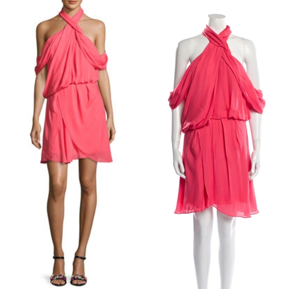 Camilla & Marc Neon Coral Silk Cold Shoulder Dress - Picture 1 of 12